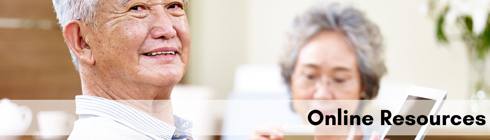 Older Asian Couple reading on electronic devices with text "online resources"