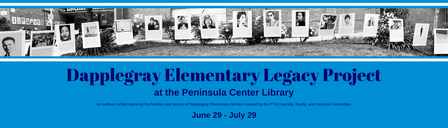 Light blue background with dark blue text typed out below. Black and white photo of exhibit on Dapplegray Elementary lawn.
