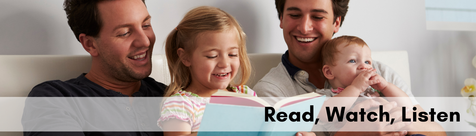 family reading book with text Read, Watch, Listen