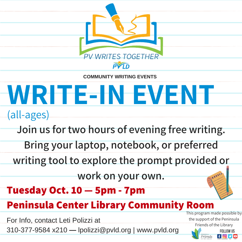 Write-in Program Tuesday, October 10, 2023 5 PM - 7 PM Peninsula Center Library Community Room