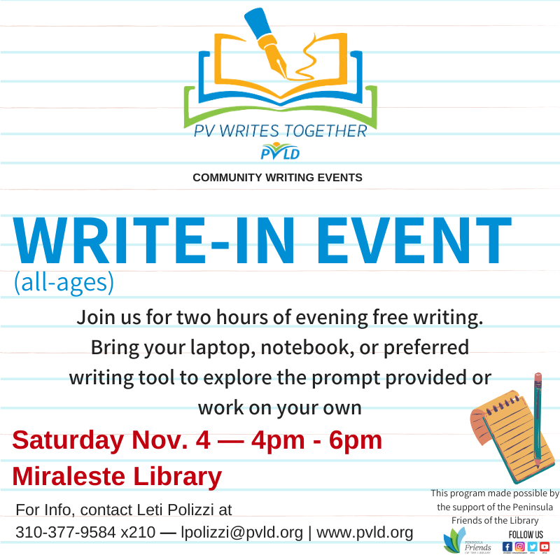 Write-in Saturday, November 4, 2023 4 PM - 6 PM Miraleste Library Main Floor