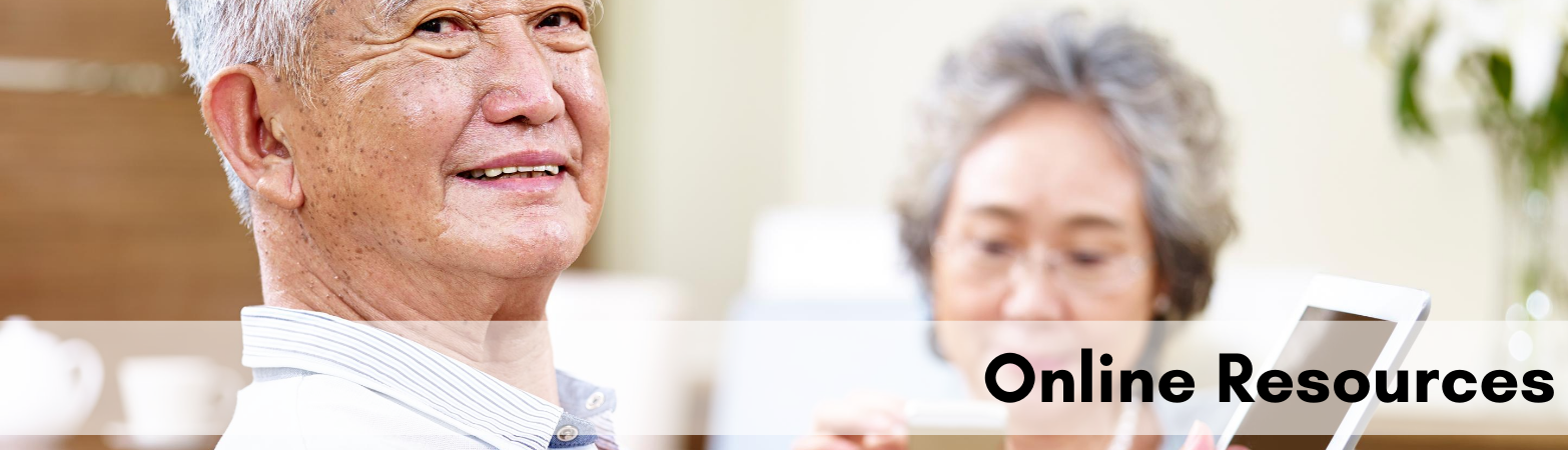 Older Asian Couple Reading on Electronic Devices with Text 'Online Resources'