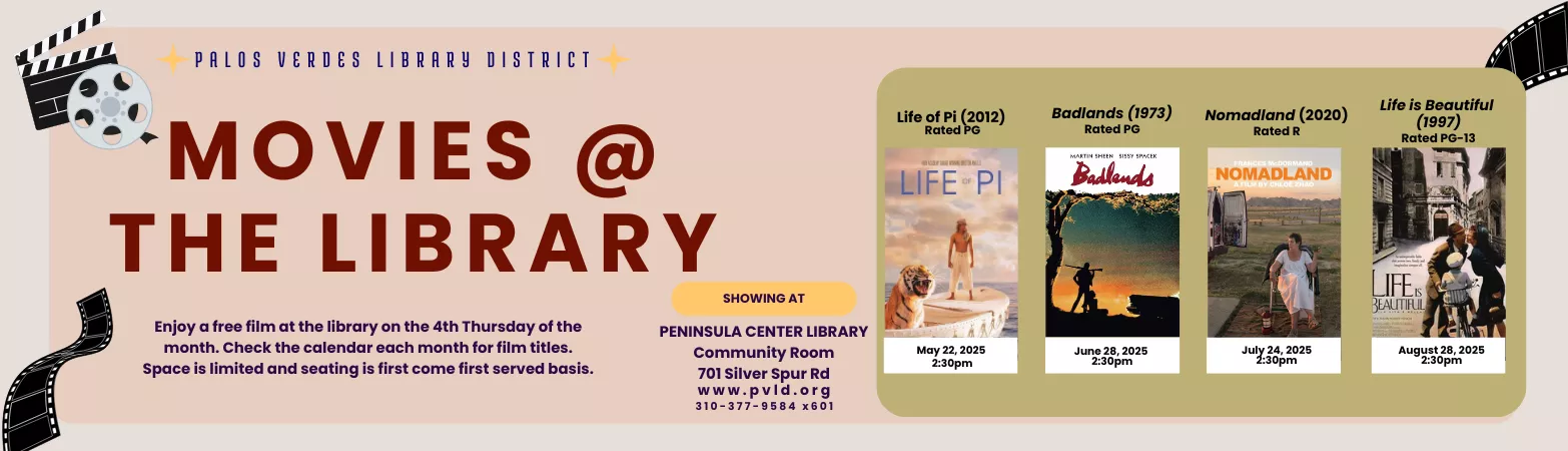 Movies @ the Library, every fourth Thursday of the month 2:30 PM - 4:30 PM Peninsula Center Library Community Room