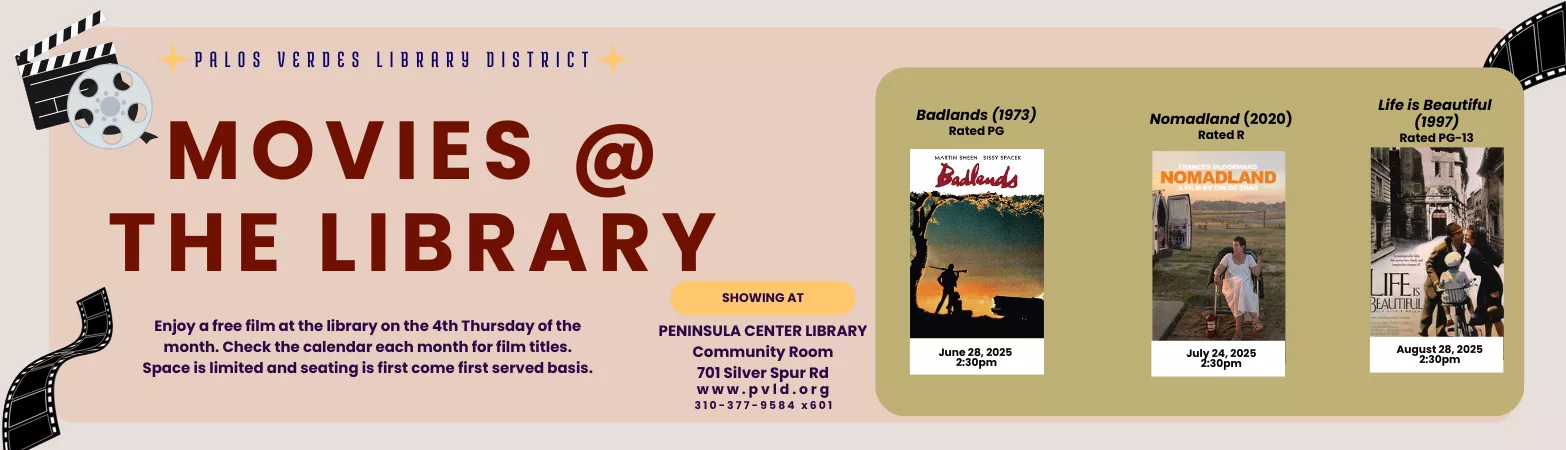 Movies @ the Library every fourth Thursday of the month 2:30 PM - 4:30 PM Peninsula Center Library Community Room